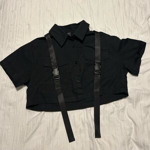 Black Cropped Shirt with Straps